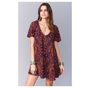 SHOW ME YOUR MUMU "Kylie" Mini Short Sleeve Flare Shift Wine/Teal Paisley L